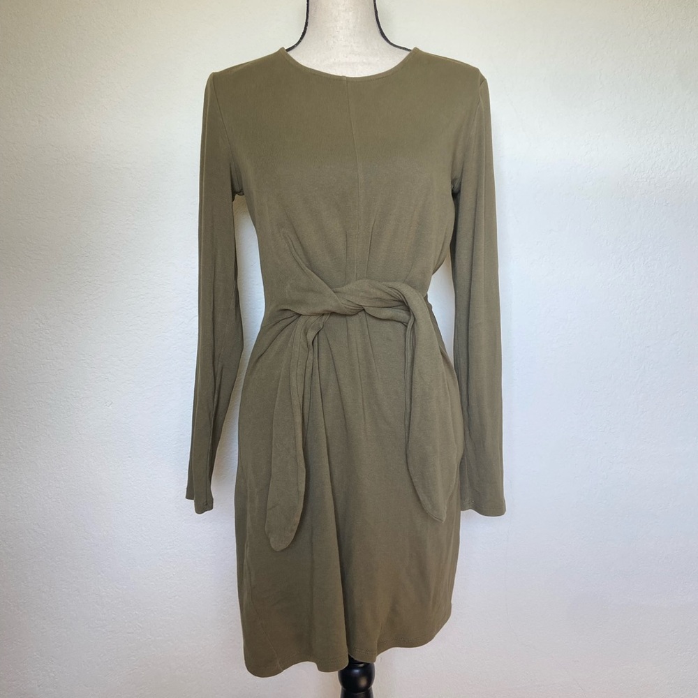 Anthropologie Daily Practice Mini Dress Womens M Olive Tie Front Long Sleeve - Picture 2 of 5